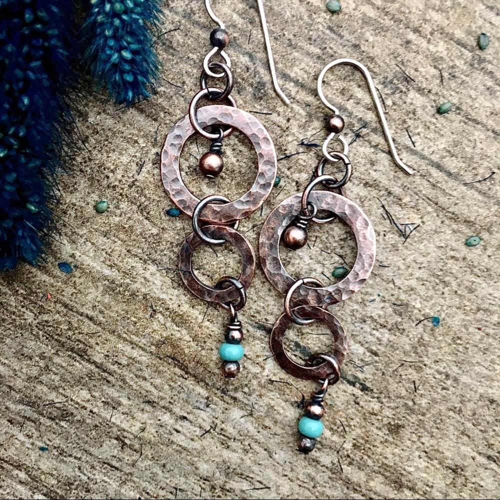 Hammered copper glass bead dangle drop earrings